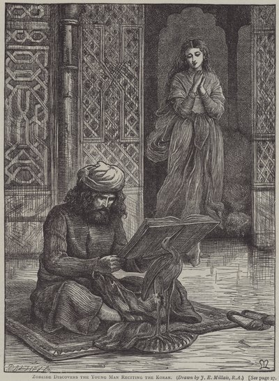 Zobeide Kuran okuyan genci keşfeder (gravür) by John Everett (after) Millais