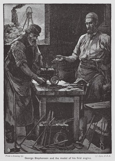 George Stephenson ve ilk motorunun modeli (renkli lito) by John Eyre