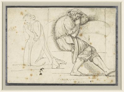 Uyuyan genç bir adam ve diz çökmüş dua eden bir kadınla çalışma sayfası by John Flaxman (II)