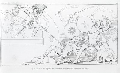 Ajax, Yunan gemilerini yakmaya çalışan Truva atlarını geri püskürtür. John Flaxman'ın (1755 - 1826) çizimi. Homeros'un İlyada'sı. Şarkı söylemek XV. by John Flaxman