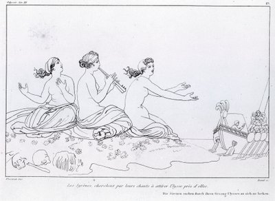 Deniz kızları, Ulysses'i cezbetmek için şarkılarıyla ararlar. John Flaxman'ın (1755 - 1826) çizimi. Homeros'un Odyssey'i. Şarkı XII. by John Flaxman