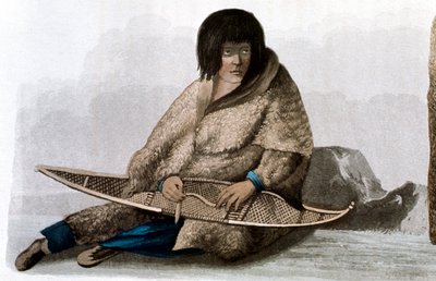 Kar ayakkabısını tamir eden bakır Kızılderili kız, 1823 by John Franklin