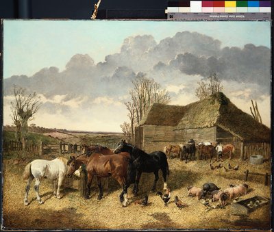 Bir çiftlik bahçesinde domuzlar ve tavuklarla birlikte bir yemlikten yemek yiyen atlar by John Frederick Herring Junior