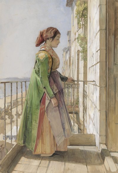 Balkonda Duran Bir Yunan Kızı, 1840 dolayları (kağıt üzerine grafit üzerine suluboya ve guaj boya) by John Frederick Lewis