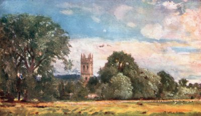 Magdalen College Kulesi, Çayırlardan (renkli litografi) by John Fulleylove