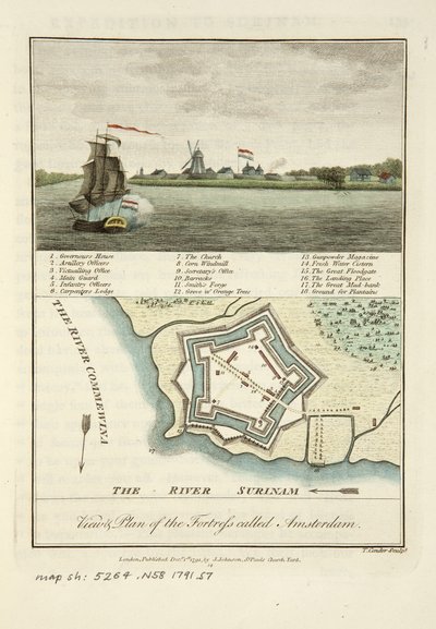 Amsterdam adlı kalenin manzarası ve planı by John Gabriel Stedman