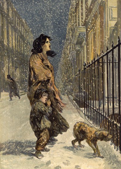 Evsiz yoksul, anne ve çocuğu karda köpekle (chromolitho) by John Gilbert