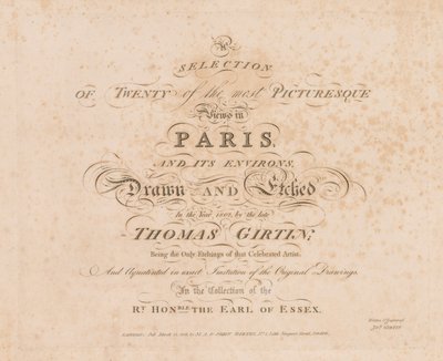 Paris ve Çevresindeki En Güzel Yirmi Manzaradan Bir Seçki: Başlık Sayfası, 1803. by John Girtin