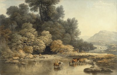 Nehir ve Sığır ile tepelik manzara, c.1810 (dokuma kağıt üzerinde grafit üzerinde wc) by John Glover