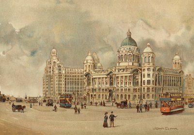Liverpool: Mersey Rıhtımları ve Liman Kurulu Ofisleri, Karaciğer Binası, Vb, İniş Aşamasına Yaklaşım (renkli taş) by John Glynn
