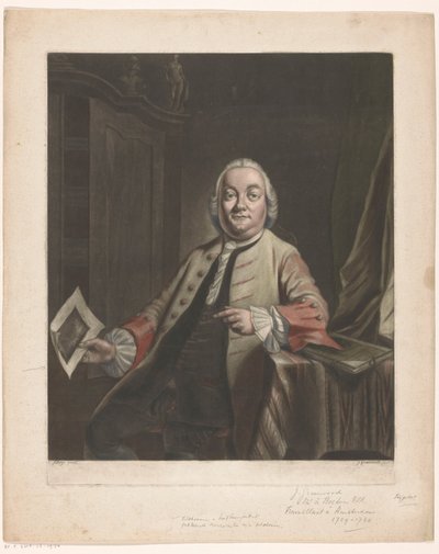 Elinde Gerrit Hagedooren'in evinin yağmalanmasının baskısı olan Simon Fokke'nin portresi, 1751 by John Greenwood