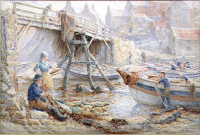 Ağları Onarmak, Staithes (suluboya) by John H. Parkyn