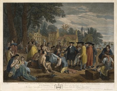 Kızılderililerle William Penns Antlaşması, 1775 (döşemiş kağıt üzerine suluboya ile gravür ve gravür) by John Hall