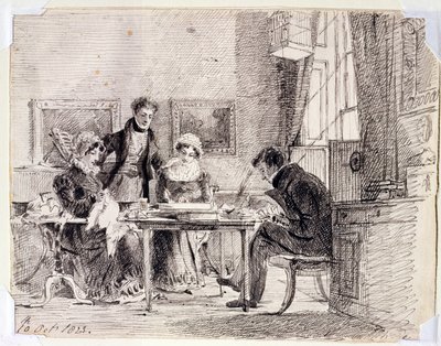 Aile grubu dikiş dikme ve okuma, 10 Ekim 1823 (kağıt üzerine kalem ve mürekkep) by John Harden