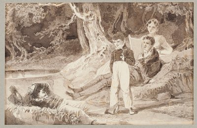Sıcak bir günde ağaçların arasında dört figür, 1807 (kağıt üzerinde wc) by John Harden