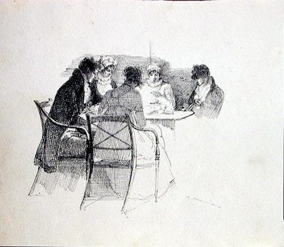 Grup bir masanın etrafında toplandı (kağıt üzerine kalem ve mürekkep) by John Harden