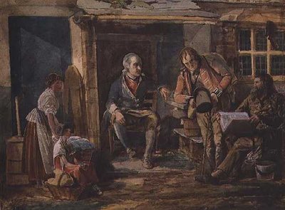 Bir kulübe kapısının dışında bir asker içeren grup (kağıt üzerine suluboya) by John Harden