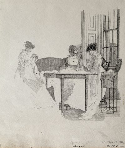 Bayan Dikiş, 1805 (kağıt üzerine kalem ve mürekkep) by John Harden