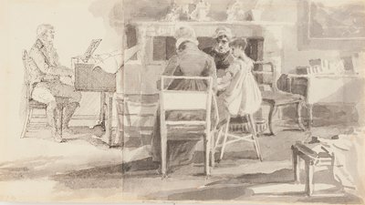 Piyanodaki adam ve diğer üç kişi oturuyor (kalem ve mürekkep, kağıt üzerine sulu boya ile) by John Harden