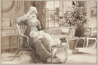 Bayan H, bebek John William ile, 1814 (kağıt üzerinde wc) by John Harden