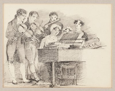 Kemancılar ve bir flütçü eşliğinde piyanist by John Harden