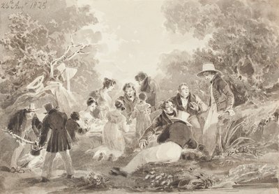 Göl kenarında piknik, 1825 (kağıt üzerinde wc) by John Harden