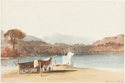 Windermere Gölü kıyısındaki piknik, 1822 (kağıt üzerinde wc) by John Harden