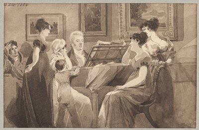 Bir piyanonun etrafında şarkı söylemek, 1806 (kağıt üzerinde wc) by John Harden