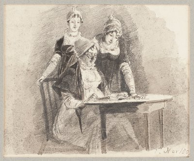 Üçü bir masada, bir oturma, 1807 (kalem ve kağıt üzerinde yıkama) by John Harden