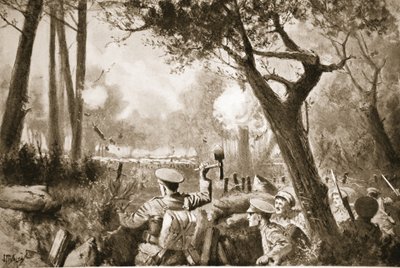 Vekili-Lance-Onbaşı Barker, kendisi tarafından toplanan bir partiye, ağır mermi ve makineli tüfek ateşi altında bir iletişim siperi açmasına yardım ediyor by John Harris Valda