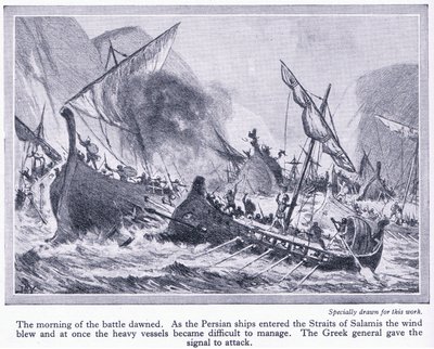 Salamis Muharebesi: Pers gemileri Salamis boğazına girerken rüzgar esti ve idaresi zorlaştı, 1950 dolayları. by John Harris Valda