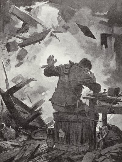 Bombardier WH French, telefon ettiği odadan bir top mermisi geldikten sonra mesajını bitiriyor, Helpegarde, I. by John Harris Valda