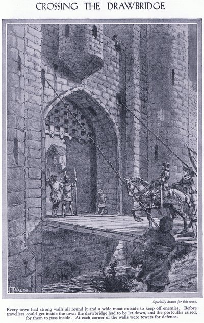 Asma köprüyü geçmek. Her kasabanın güçlü duvarları ve bir hendeği, bir asma köprüsü ve savunma için bir parmaklığı vardır, c.1950 by John Harris Valda