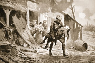 Topçu Rafferty, yaralı bir kadını bombalanan bir çiftlik evinden güvenli bir yere taşıyor (lito) by John Harris Valda