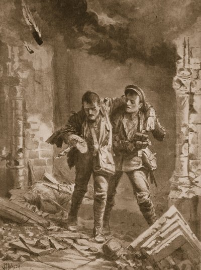Er A.E. Walker, hastane olarak kullanılan yanan bir kiliseden yaralı bir yoldaşa yardım ediyor by John Harris Valda
