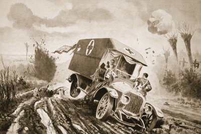 Er Adams, ateş altındayken bir mermi deliğine giren bir motorlu ambulansta yaralıların yardımına gidiyor by John Harris Valda