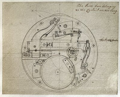 John Harrison (1693-1776) tarafından H4 zaman tutucunun hareketinin düzeninin çizimi, c.1759 (kağıt üzerine kalem ve mürekkep) by John Harrison