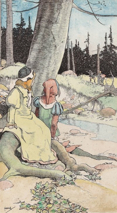 The Babes in the wood, c.1900 (kağıt üzerine suluboya ve kalem ve mürekkep) by John Hassall
