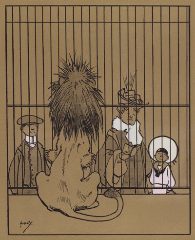 "Aslanlar ikinci el, gerçek dışı bir görünüme sahipler, bu yüzden yerdeki talaş neredeyse onlardan çıkmış olabilir" (renkli taş) by John Hassall