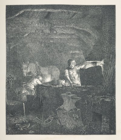 Plaka 13. Bir demirci.  Doğa Resimleri. J. H. Dell tarafından ahşap üzerine çizilmiş ve R. Paterson tarafından oyulmuş otuz orijinal illüstrasyon serisi.  John Henry Dell by John Henry Dell