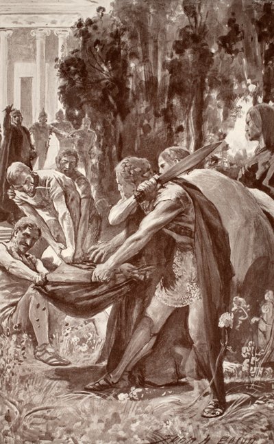Brian Domuz Derisini ele geçiriyor, Charles Squire'ın "Celtic Myth and Legend" adlı eserinden bir çizim, 1905 by John Henry Frederick Bacon