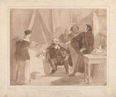 Gil Blas, Dr. Sangrado altında Hekimlik Yaparken, Bakkalın Başucunda Dr. Cuchillo ile Karşılaştı by John James Chalon