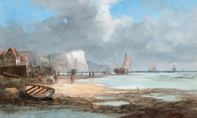 Balıkçı tekneleri ve bir ev ile deniz manzarası by John James Wilson