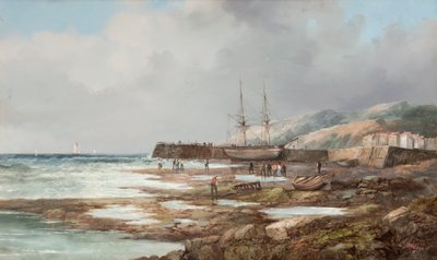 İsimsiz [Arka planda köy bulunan demirli yelkenli gemi] by John James Wilson