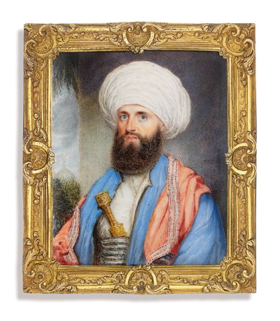 James Silk Buckingham (1786-1855), açık mavi ceketli beyaz gömlekli, omuzlarında pembe işlemeli şal ve kuşağına sabitlenmiş bir hançerli beyaz bir türban, camili manzara arka planı by John Jukes