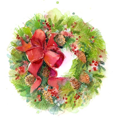 Kırmızı fiyonklu Noel çelengi, 2016, (suluboya) by John Keeling