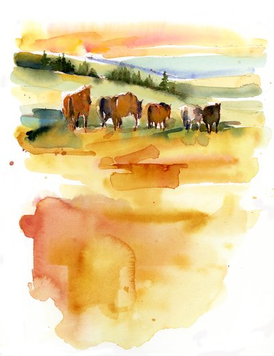 Gün Batımında Atlar, 2015, (suluboya) by John Keeling