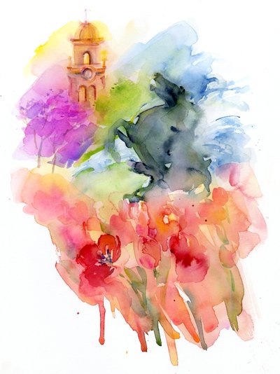 Kırmızı Laleli Plaza, 2016, (suluboya) by John Keeling