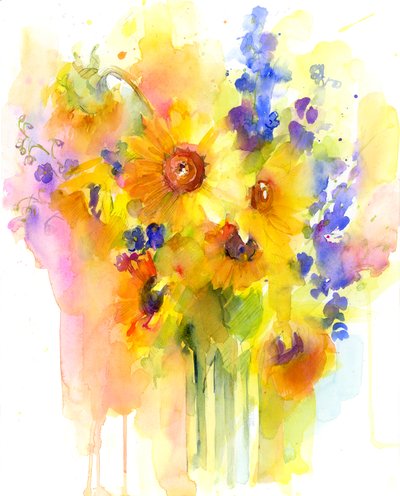 Ayçiçekleri ve delphinium, 2016, (suluboya) by John Keeling