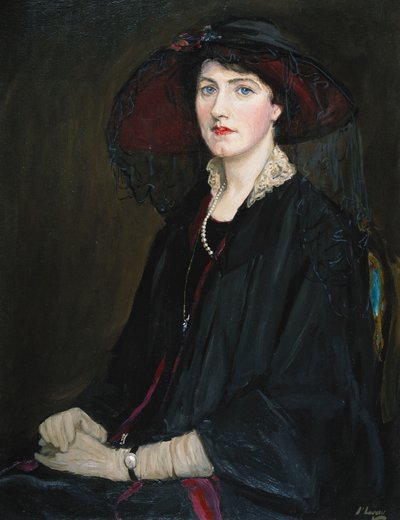 Dantel Yakalı Ceketli, İnci Kolyeli ve siyah şapkalı Lady Raeburn